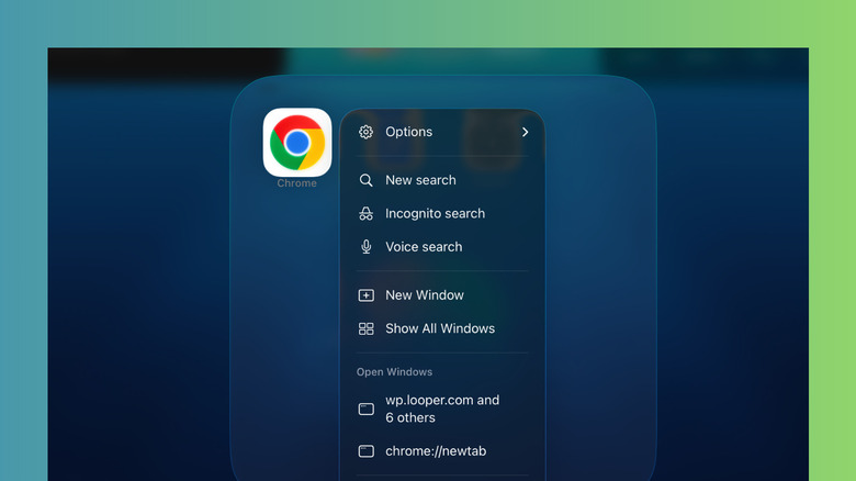 iPad screen showing Google Chrome with the 'New Window' option selected in the context menu.