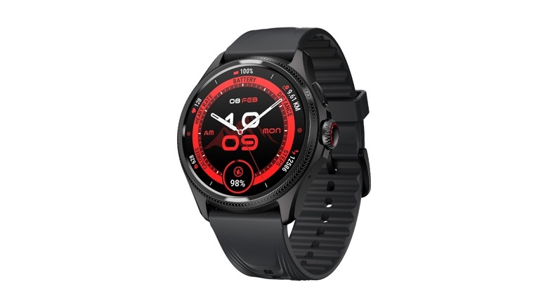 TicWatch Pro 5 showcasing its knurled rotating crown and durable chassis.