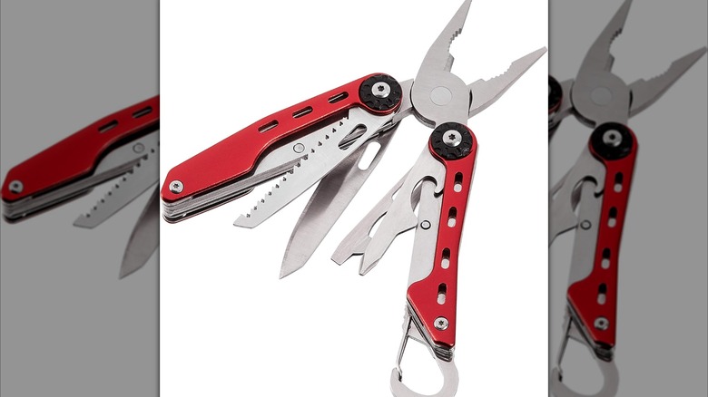 Amazon Basics stainless steel 10-in-1 multitool shown in its folded position.