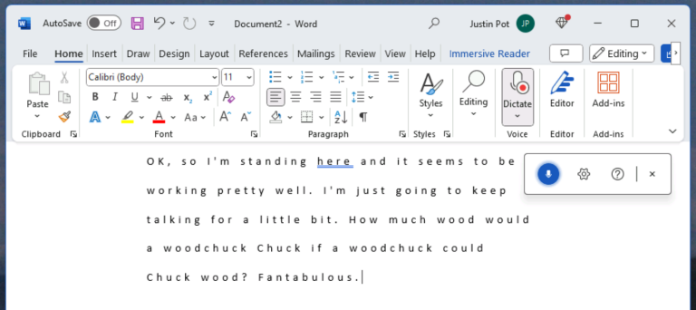 A user dictating text directly into a Microsoft Word document with the microphone icon active.