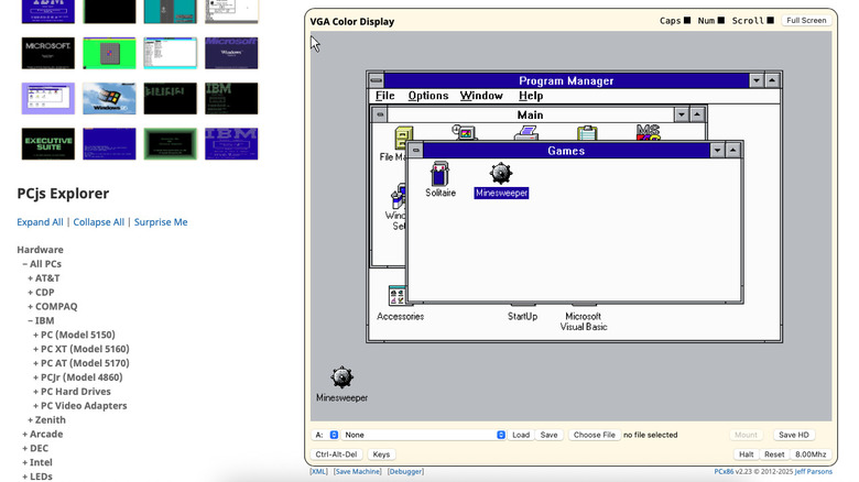 The Games program group in a Windows 3.10 emulation featuring the Minesweeper and Solitaire icons.