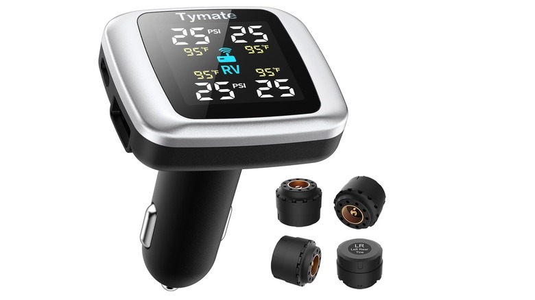 A Tymate TM7 tire pressure monitoring system display with its four external sensors.