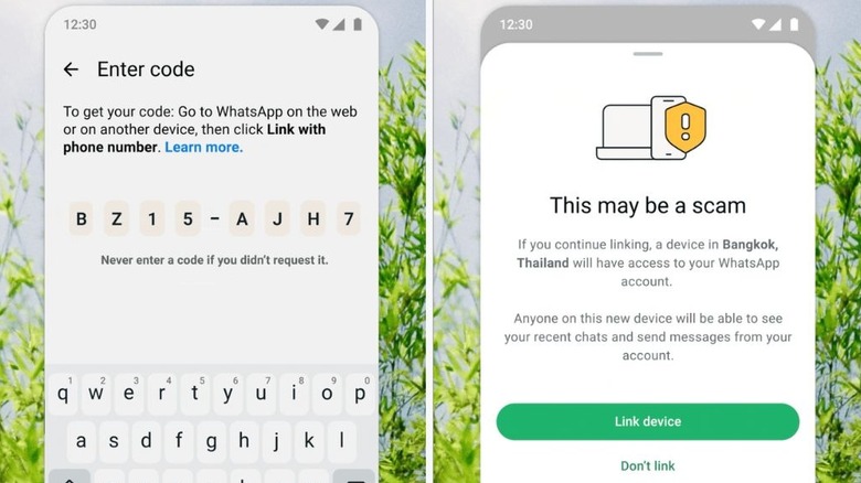 WhatsApp interface showing a device linking security prompt with geographic location data of the requesting device.