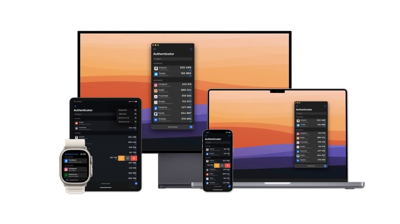 The Authenticator by 2Stable app interface shown across MacBook, iPad, iPhone, and Apple Watch.