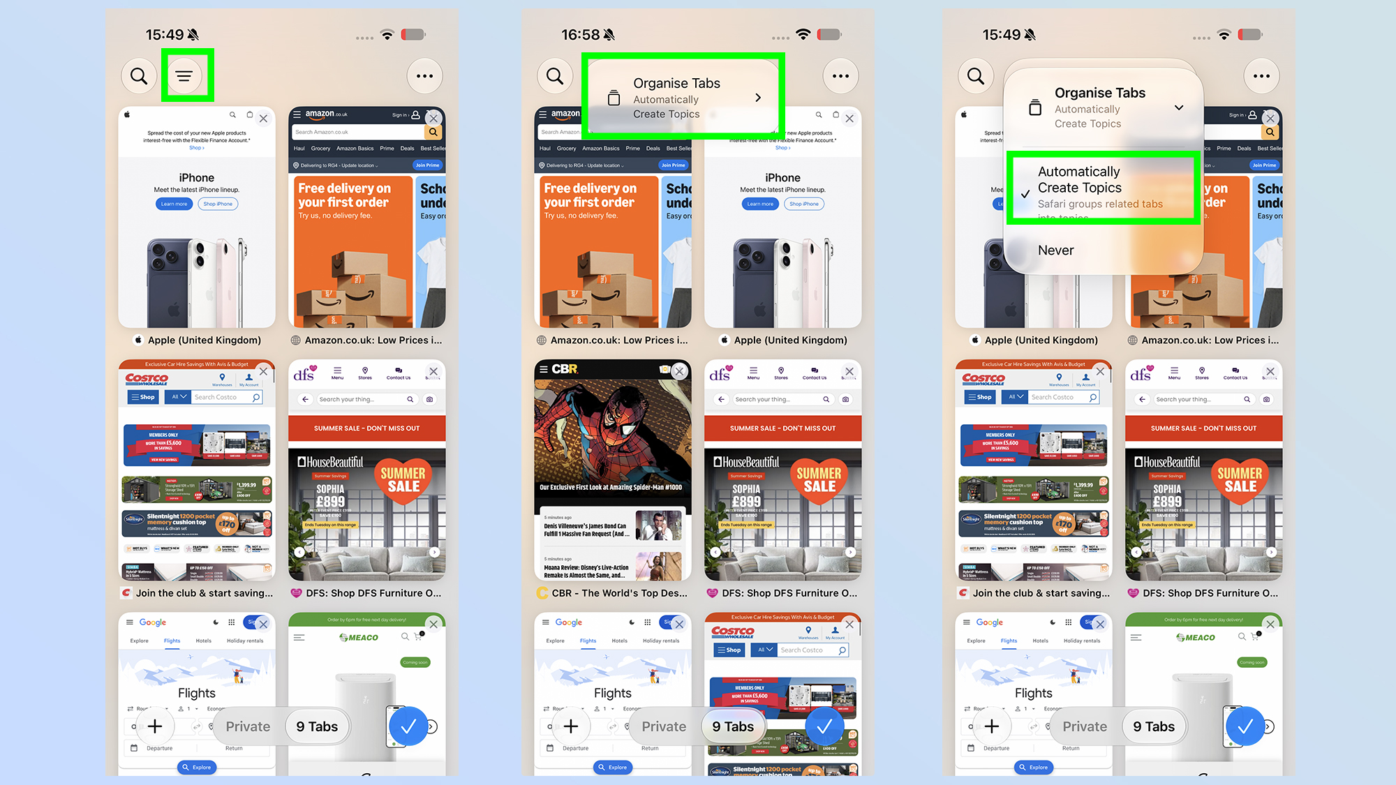 iPhone showing the new Safari AI tab organization menu layout.