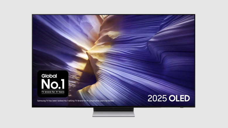 The Samsung S90F QD-OLED TV displaying a bright and highly saturated nature scene.
