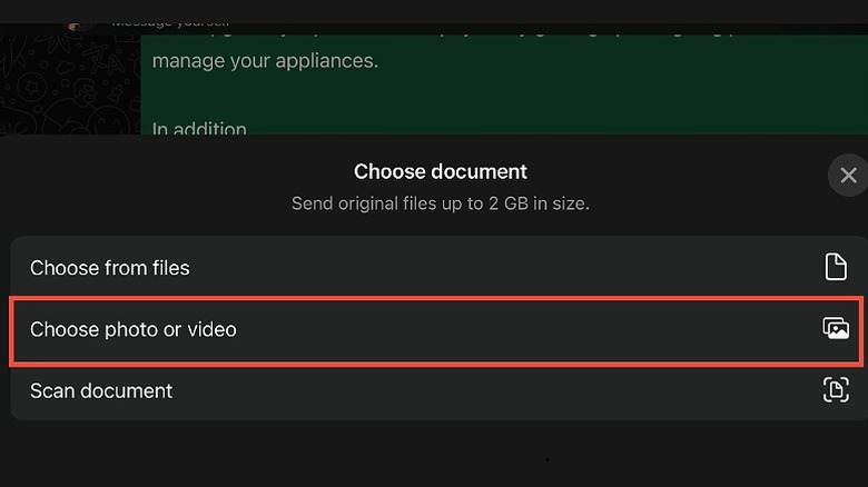 The Document attachment menu with the option to choose photos or videos.
