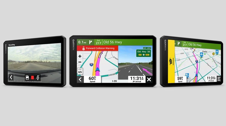 The Garmin DriveCam 76 showing various navigation and dash cam monitoring modes on its screen.