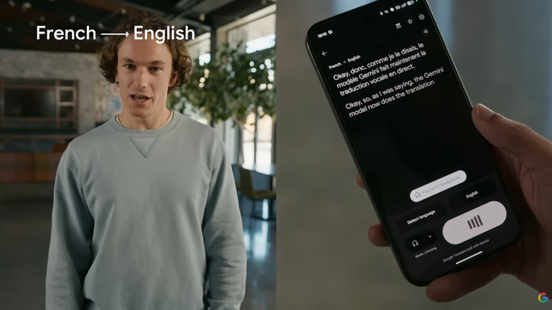 A split-view image showing a person speaking on one side and a smartphone translating their speech into text on the other.