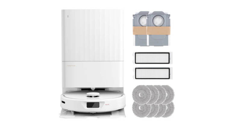 Photo of the Roborock QX Revo with its docking station and a set of warehouse-exclusive accessories.