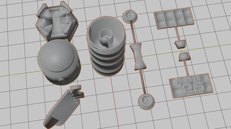 A digital model of the Hubble Telescope on a gridded design workspace.
