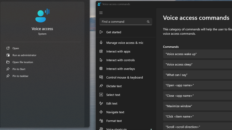 Windows 11 Voice Access settings menu showing various voice control options.