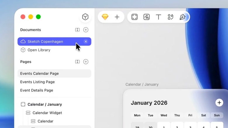 The Sketch app interface demonstrating the Liquid Glass design aesthetic on macOS Tahoe.