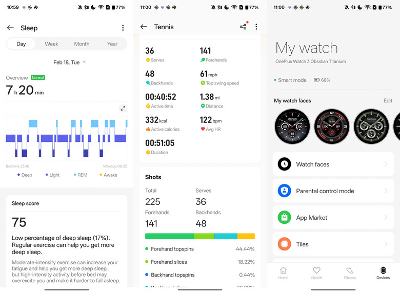Smartphones displaying various data screens from the OHealth companion app.