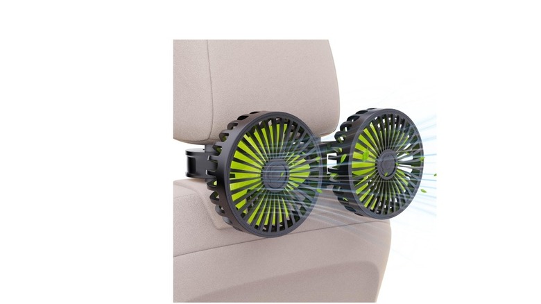 A Hayousui USB-powered car fan mounted on the back of a front seat headrest for rear passengers.