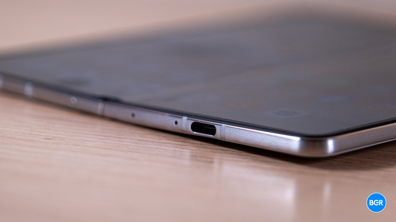 Detailed view of the USB-C port and bottom frame of the Motorola Razr Fold.
