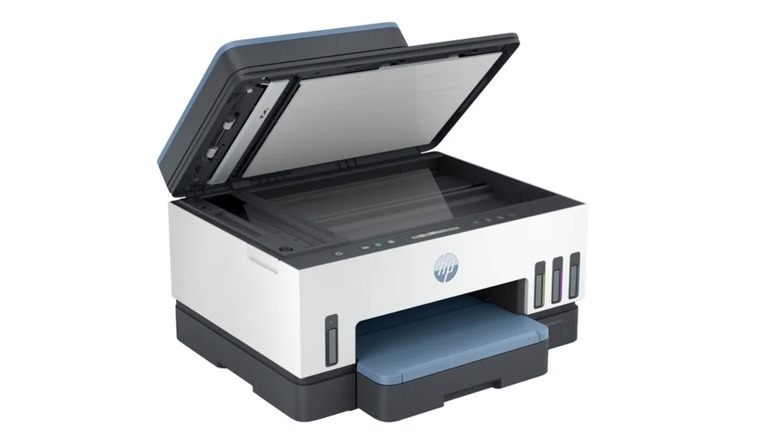 An HP Smart Tank 7302 wireless printer with the scanner lid open.