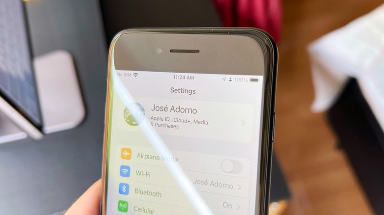 A close-up of the iPhone SE 3's Settings menu screen showing software version and system status.