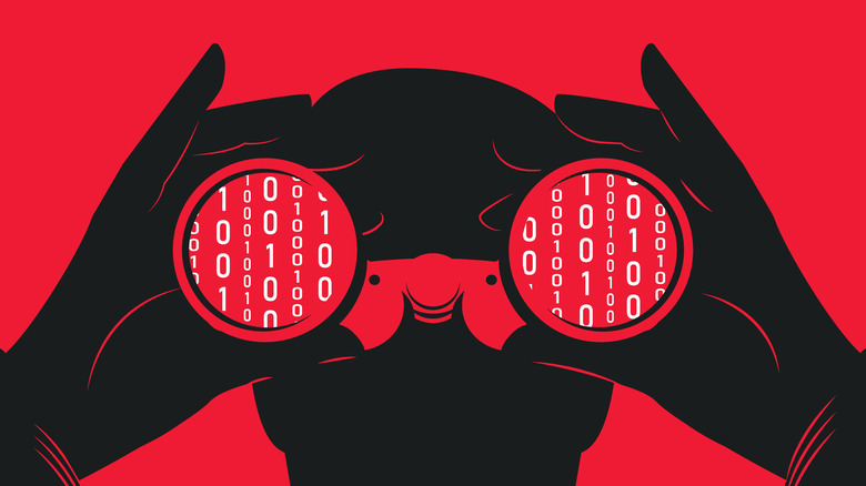 Metaphorical illustration of a hacker using binoculars with binary code reflected in the lenses, symbolizing digital spying.