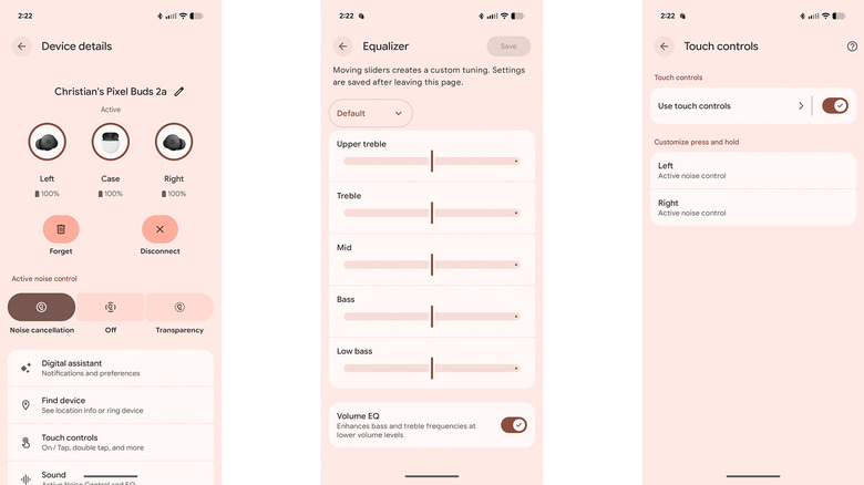 Screenshots of the Google Pixel Buds companion app showing EQ and noise control settings.