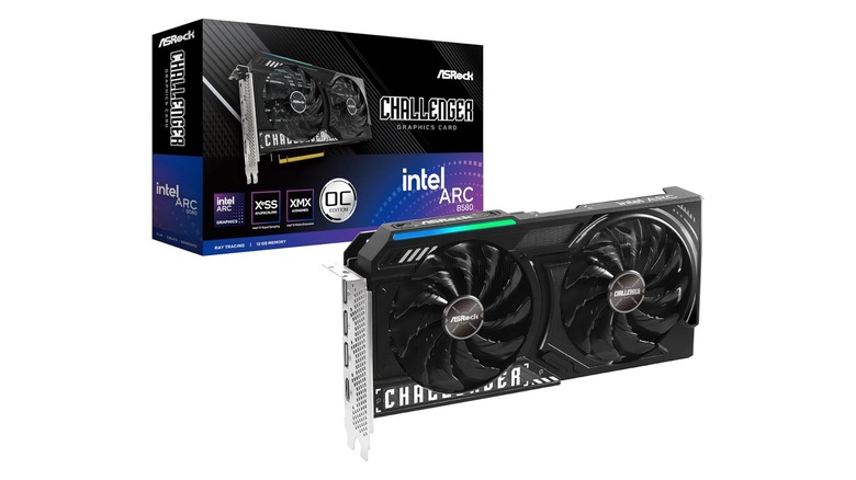 The ASRock Challenger Intel Arc B580 graphics card and its retail packaging.