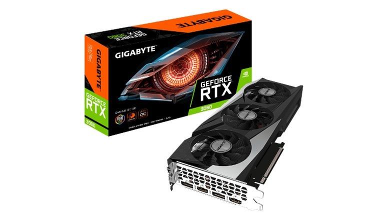 A Gigabyte brand RTX 3060 graphics card with a triple-fan cooler design on a plain white background.