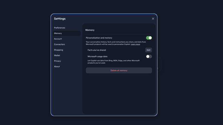 Screenshot of the Copilot personalization settings showing the Microsoft usage data toggle in the off position.