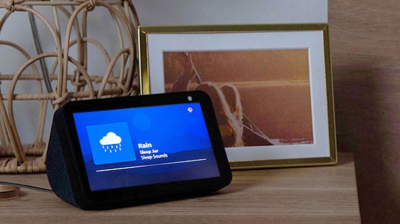 The display of an Echo Show showing a custom skills interface for ambient sounds.
