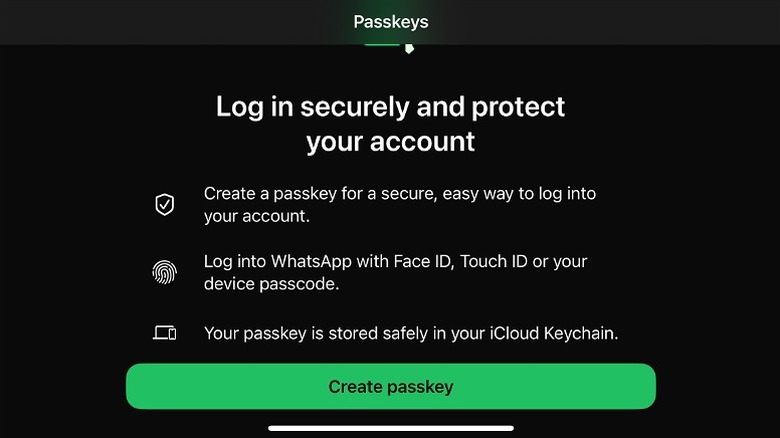 The Create Passkey button interface within the WhatsApp security settings menu.