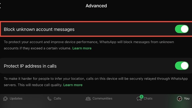 The advanced privacy menu with the 'Block unknown account messages' toggle enabled.