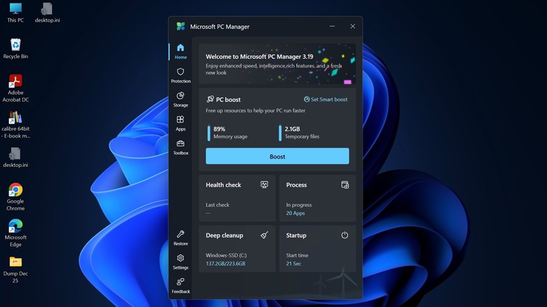 The Microsoft PC Manager application interface showing system boost options on a Windows 11 desktop.