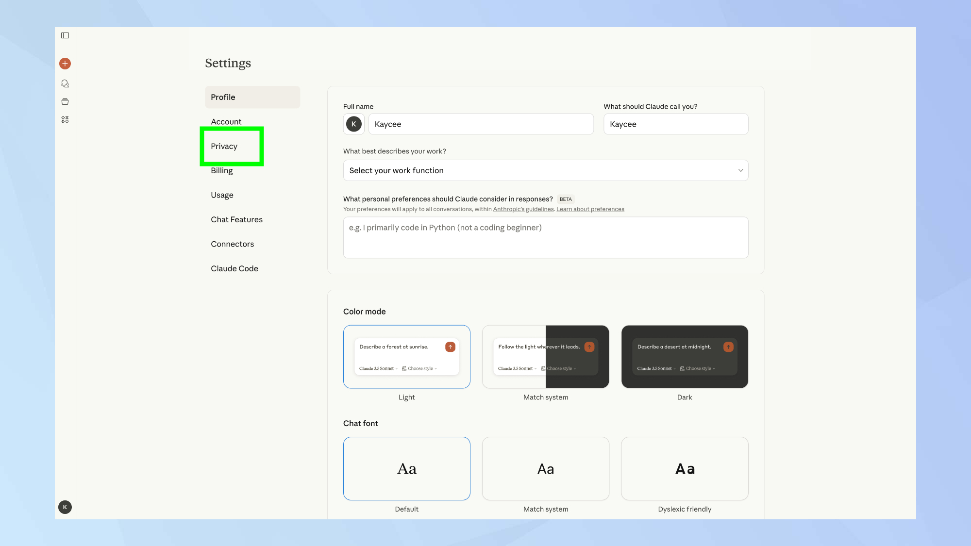 Anthropic Claude interface with a focus on privacy and data safety features.
