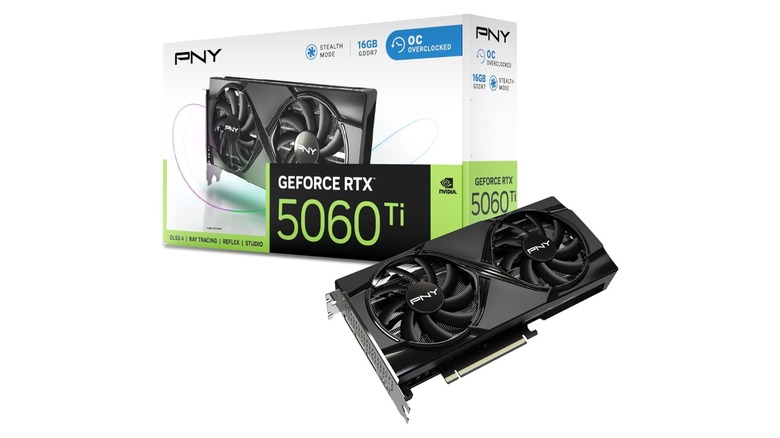 A PNY GeForce RTX 5060 Ti graphics card next to its box.