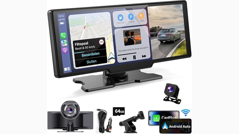 Kuayvan Wireless Portable Car Screen kit including a large touchscreen display, dash cam, and rear-view camera accessories.