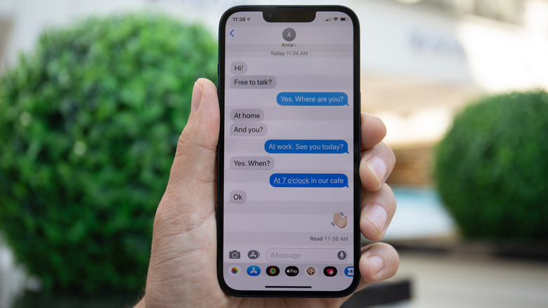 An active iMessage chat thread on an iPhone screen featuring blue message bubbles.