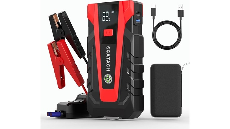 Scatach Car Battery Jump Starter kit with jumper cables, USB-C cord, and a semi-hard carrying case.