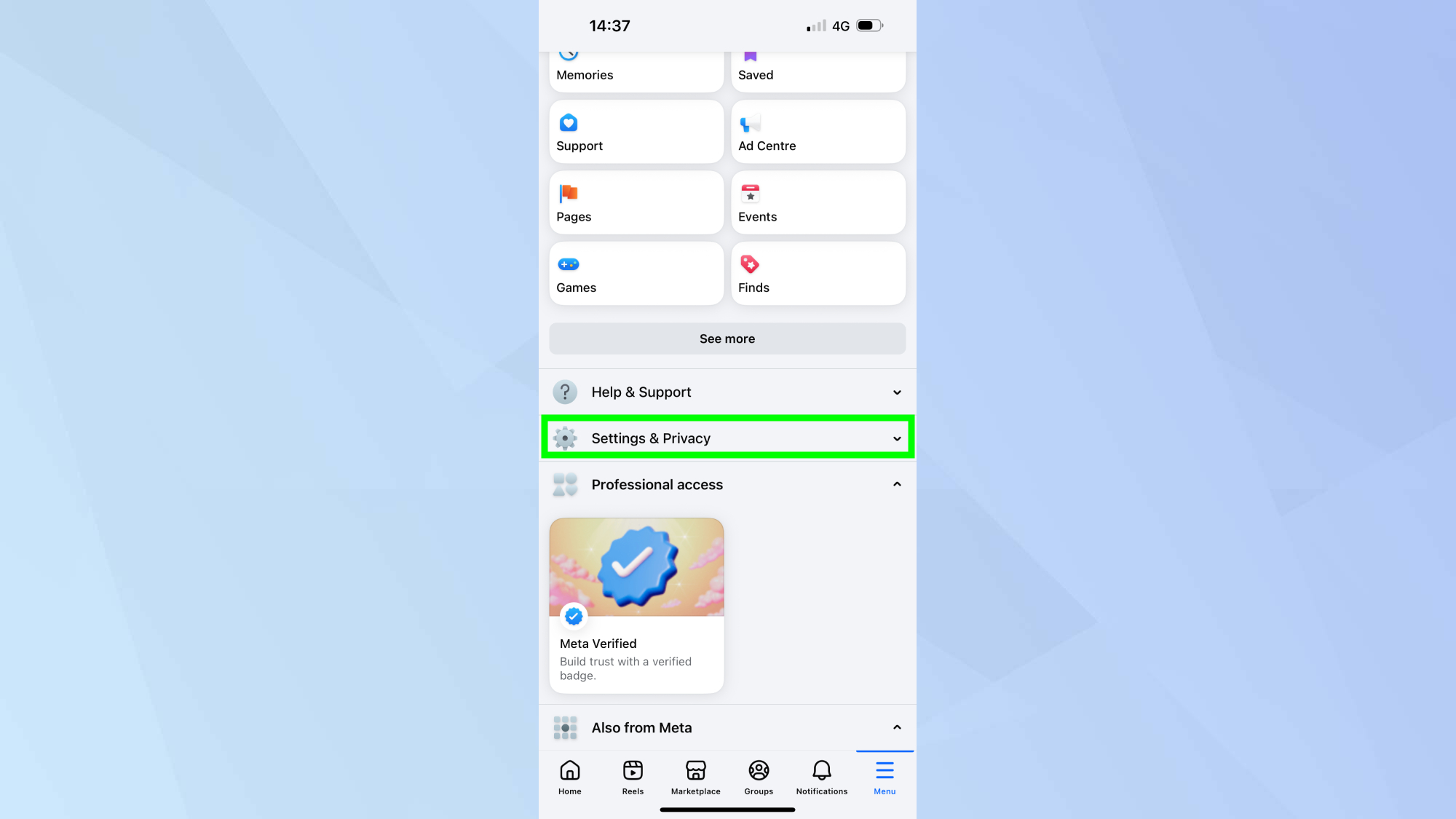 The Meta and Facebook Settings and Privacy screen on a smartphone.
