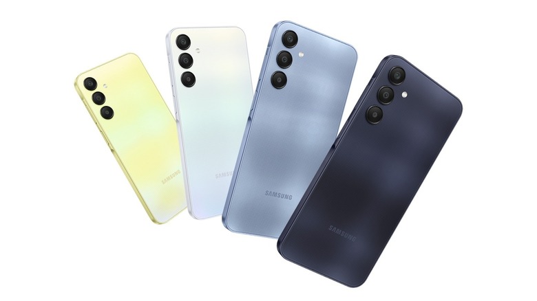 Multiple Galaxy A25 phones in various pastel and dark colors.
