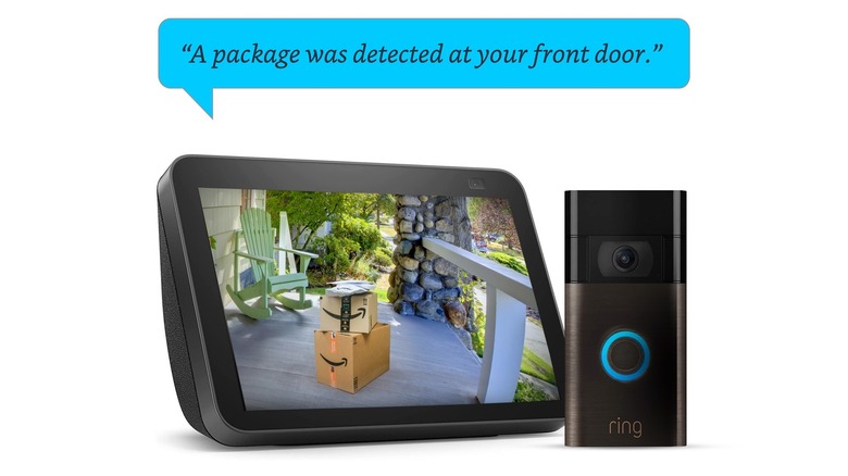 An Amazon Echo Next to a Ring video doorbell system.