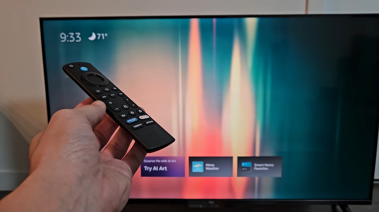 A Fire TV screen displaying the Smart Home Dashboard with various connected device tiles.