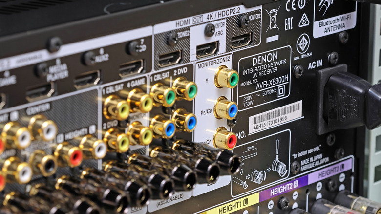 The rear input and output panel of an AV receiver with various cable connections.