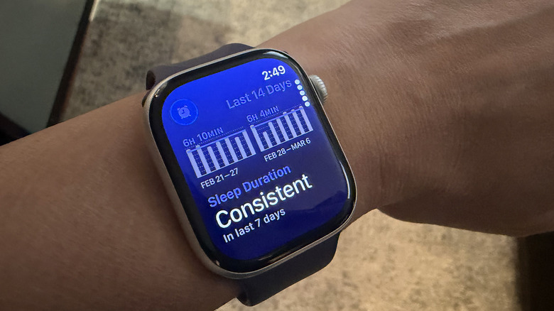 Close-up of an Apple Watch face showing a consistent sleep duration graph.