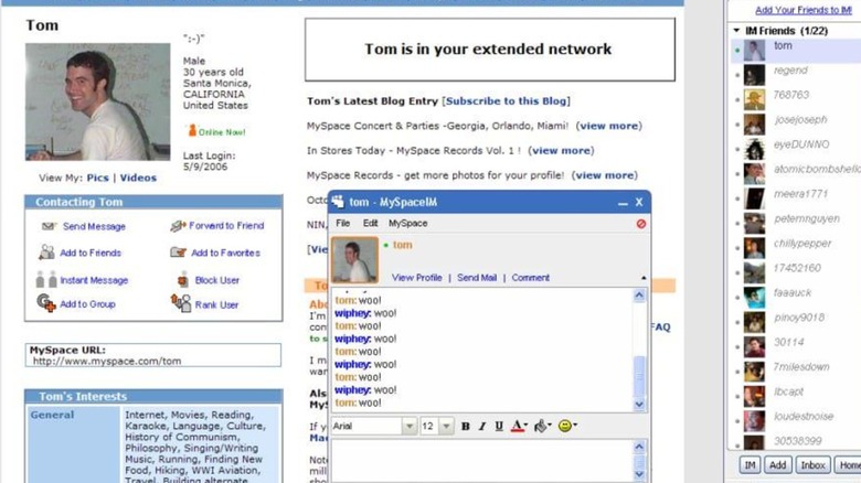A screenshot showing a user messaging Tom of MySpace through the MySpace instant messaging client.