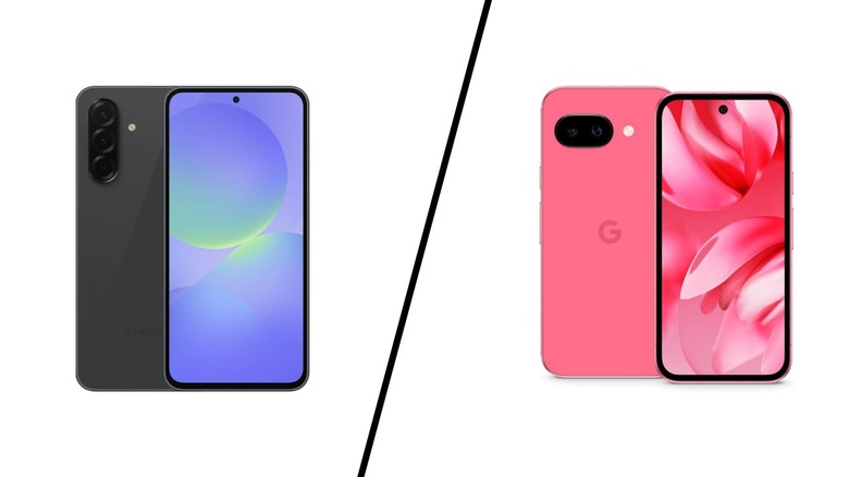 The Samsung Galaxy A36 and Google Pixel 9a compared on a split-screen background.
