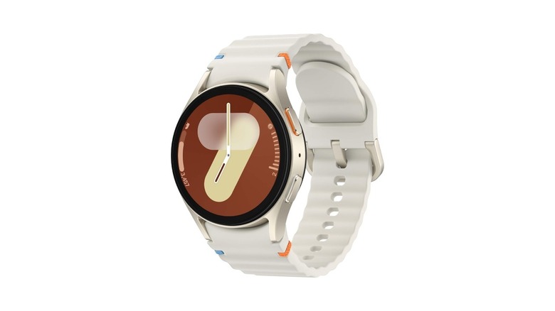 Front view of the Samsung Galaxy Watch 7 with a clean digital watch face.