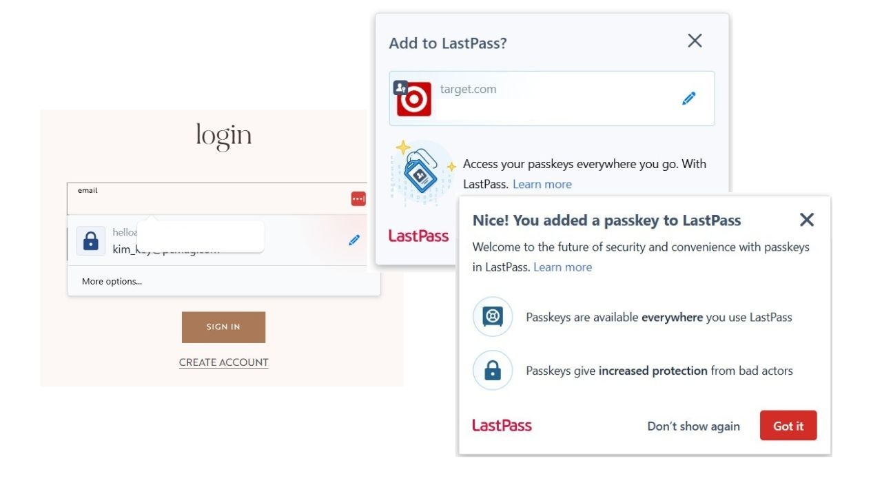Interface illustrating how LastPass captures and manages digital passkeys.