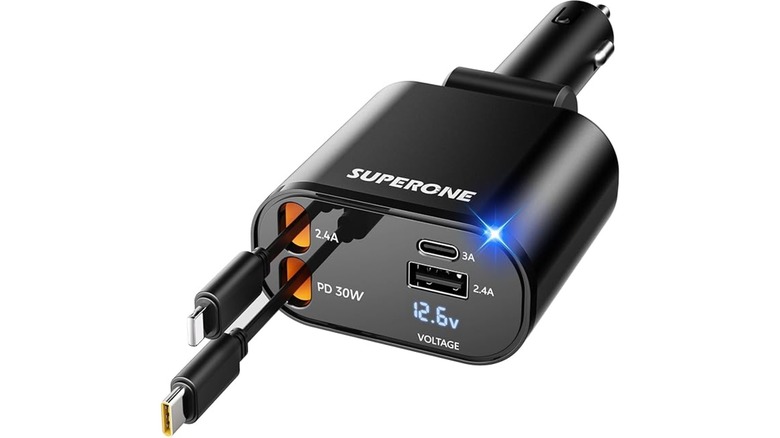 Superone Retractable Car Charger with four different connectors pulled out to show multi-device compatibility.