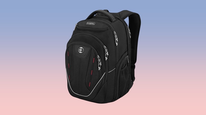 A Swissdigital Design TSA-compliant laptop backpack against a clean gradient background.
