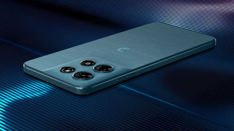 Close-up of the back of the Moto G Play 2026 showing the vegan leather texture and camera housing.