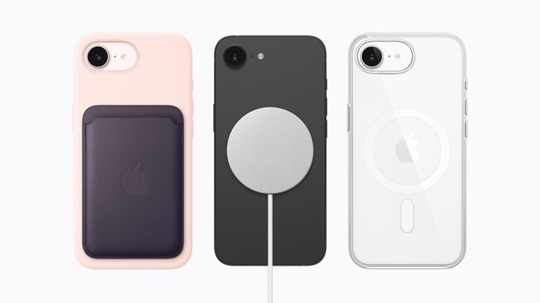 iPhone 17e back panel with various MagSafe accessories including a wallet and charger.